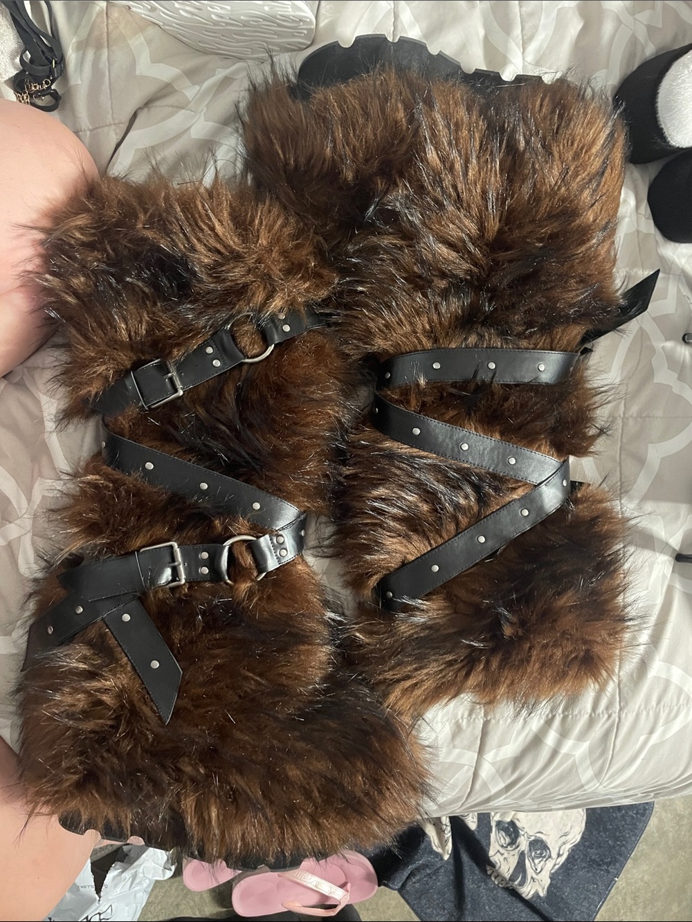 Faux Fur Platform Boots with Buckle Straps - Brown